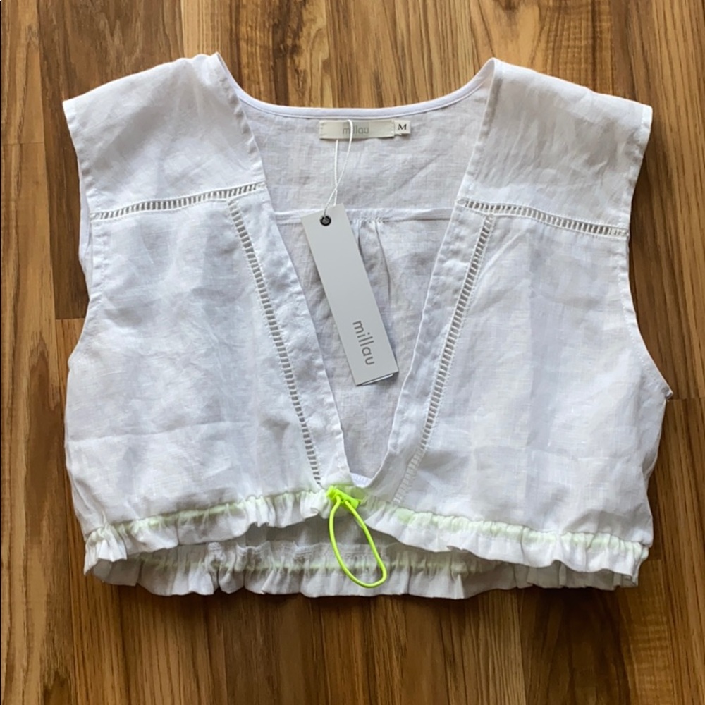 LF Millau 100 % Linen White Crop Drawstring Top M